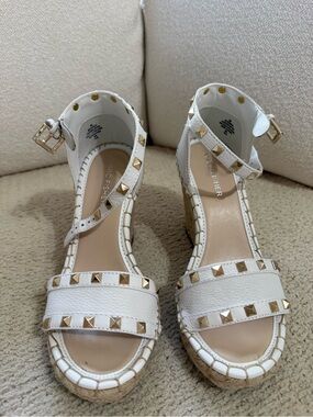 Marc Fisher White Stud-Trim Espadrille Wedge Sandals